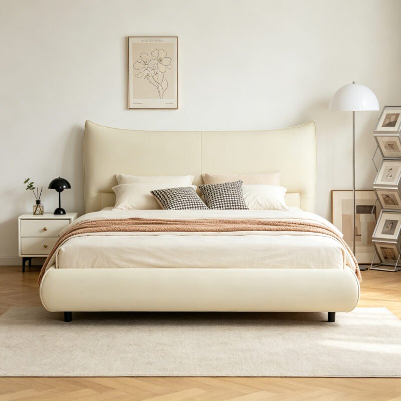 Modern Cream Upholstered Platform Bed