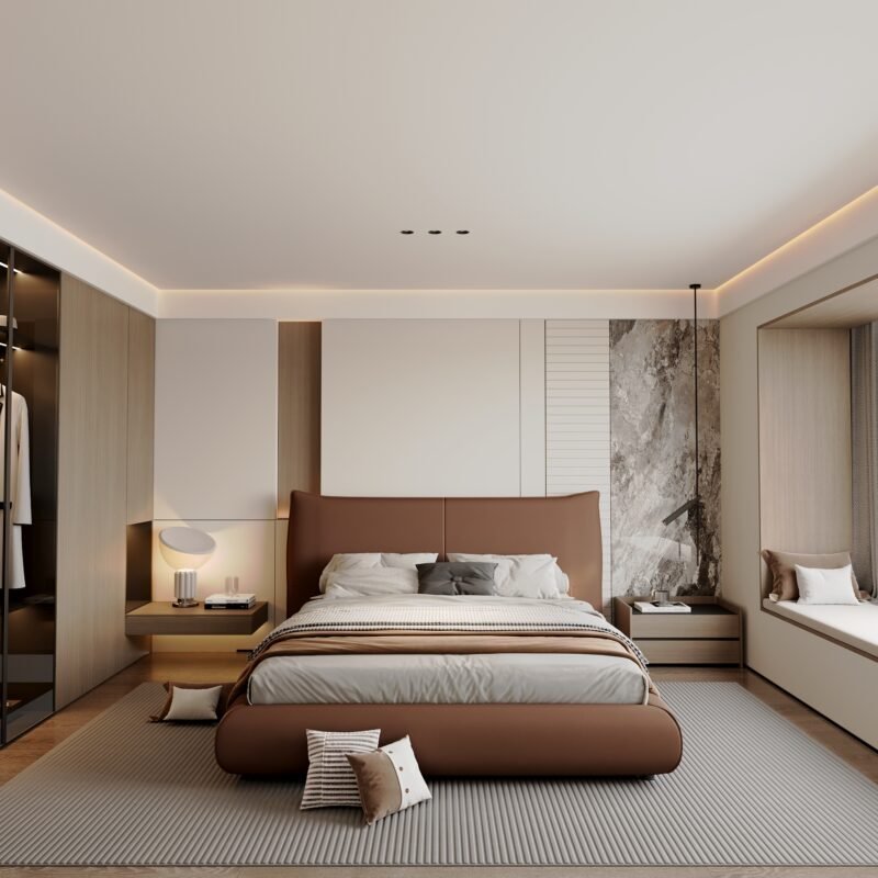 Modern Queen & King Leather Bed with Wood Frame