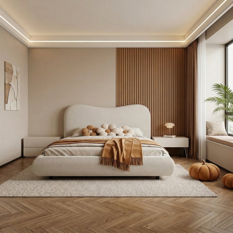 Wave-Shaped Upholstered Platform Bed